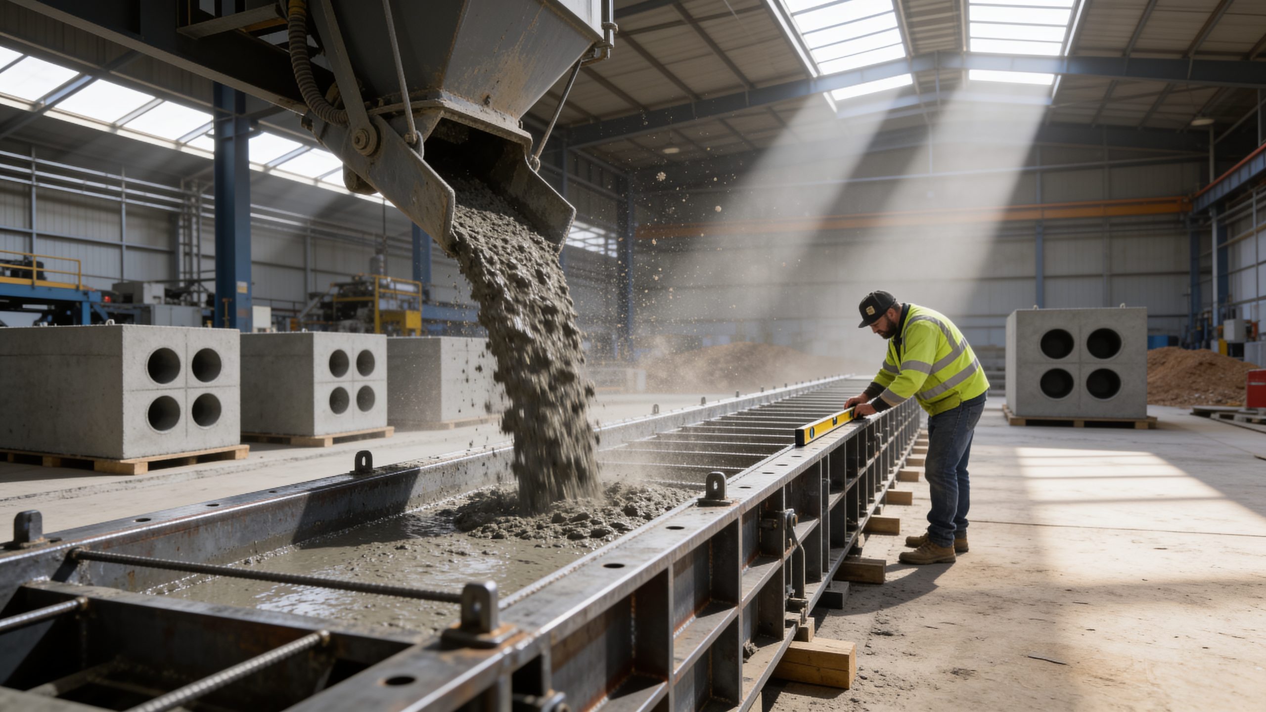 Concrete pouring into a precision steel mold at the Feller plant