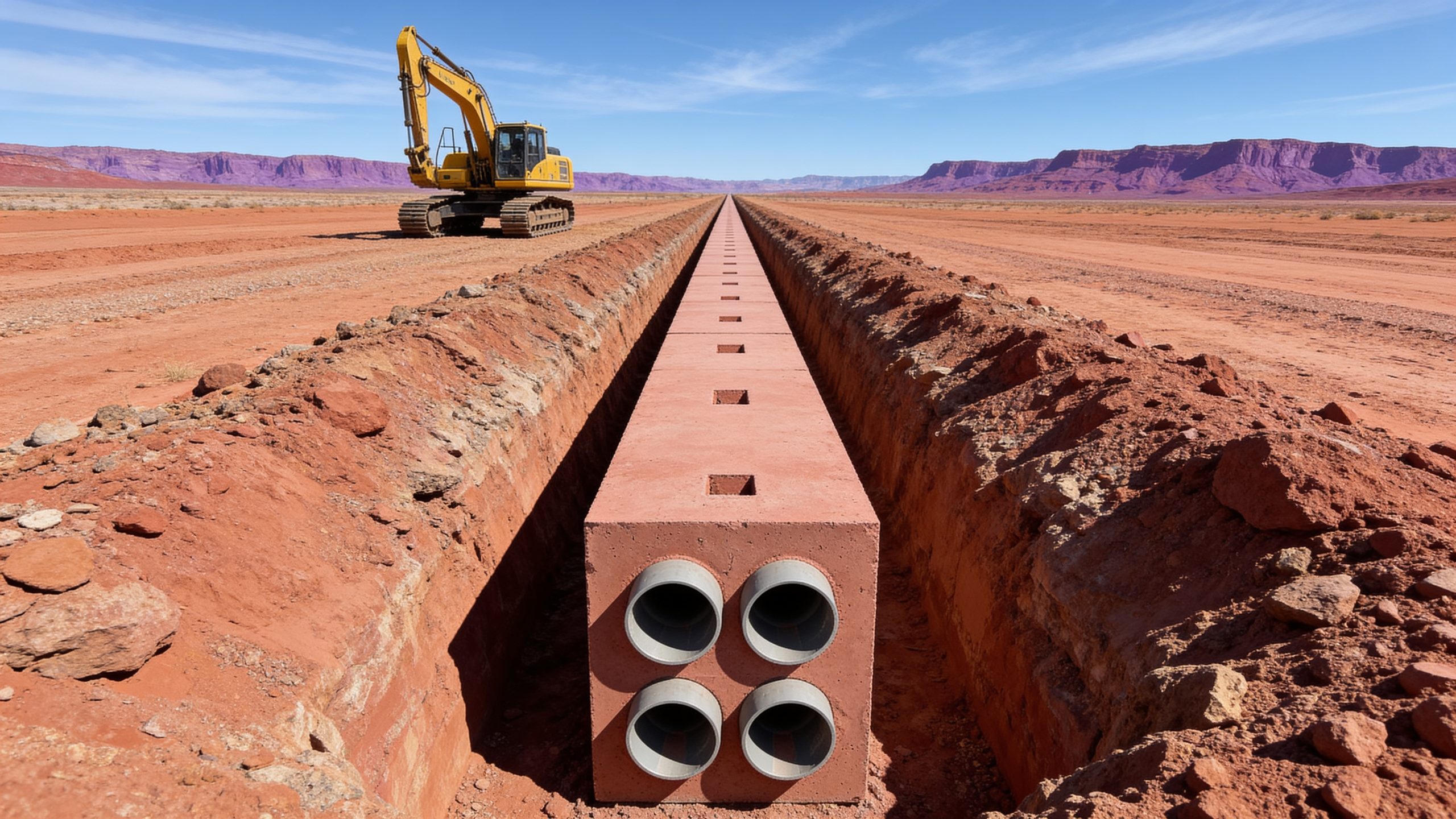 Red duct bank run installed in a desert trench