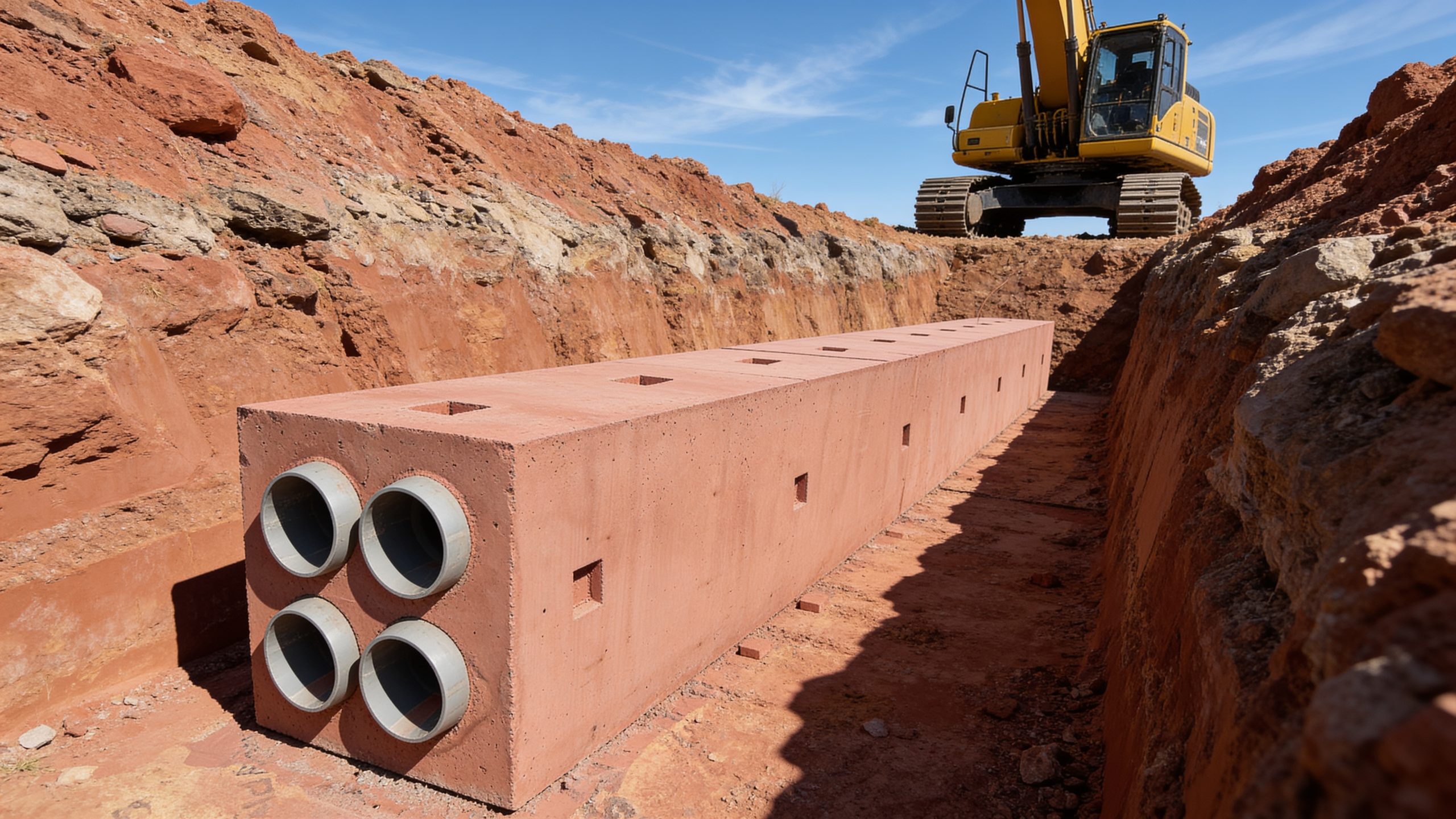 Red custom duct bank section set in a deep trench